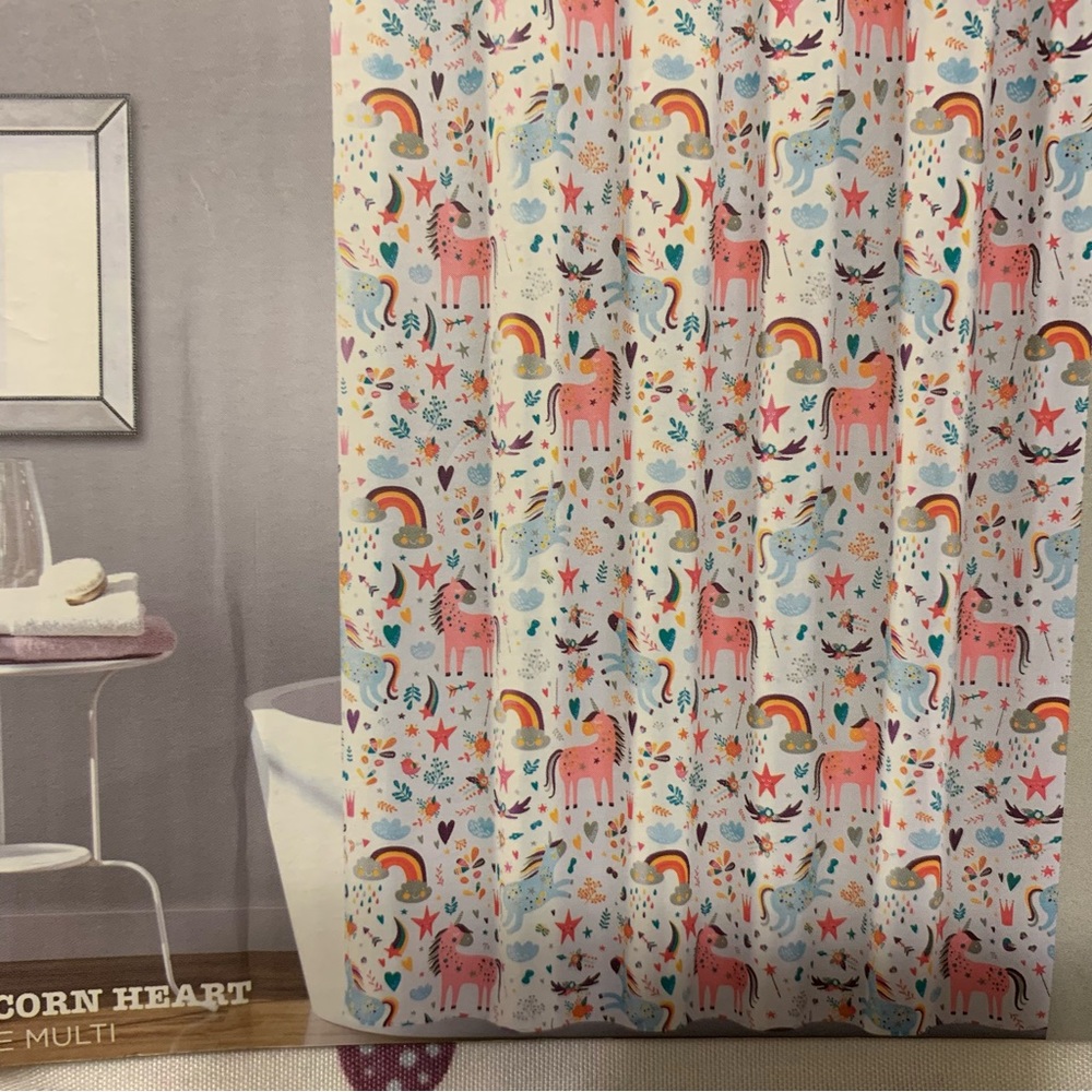 Fabric Shower Curtain Unicorns Rainbow Hearts from pb & j Crowns 72”x72”